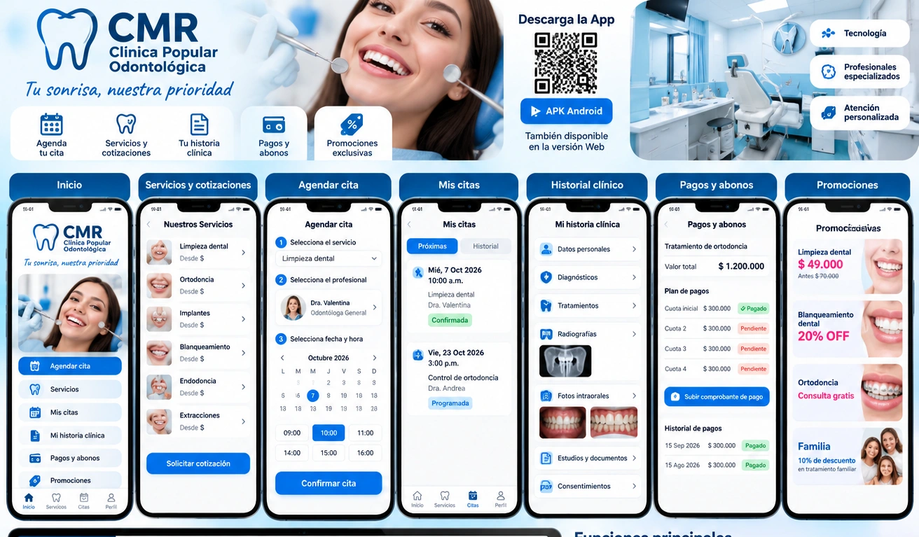 Vista del diseño de la aplicación CRM Clínica Popular Odontológica