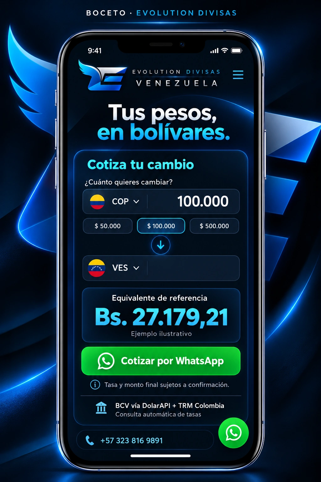 Vista del diseño de la aplicación Evolution Divisas
